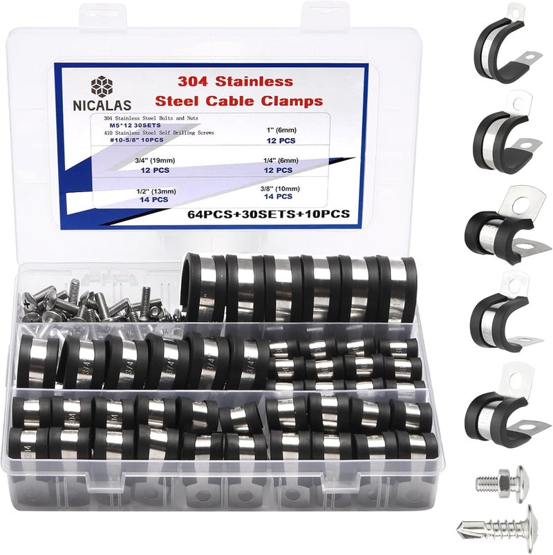 Nicalas 134 PCS Cable Clamps Assortment Kit and Stainless Steel Screws,304 Stainless Steel Rubber Cushioned Insulated Wire P Clamps 5 Sizes:1/4" 3/8" 1/2" 3/4" 1" - Image 1