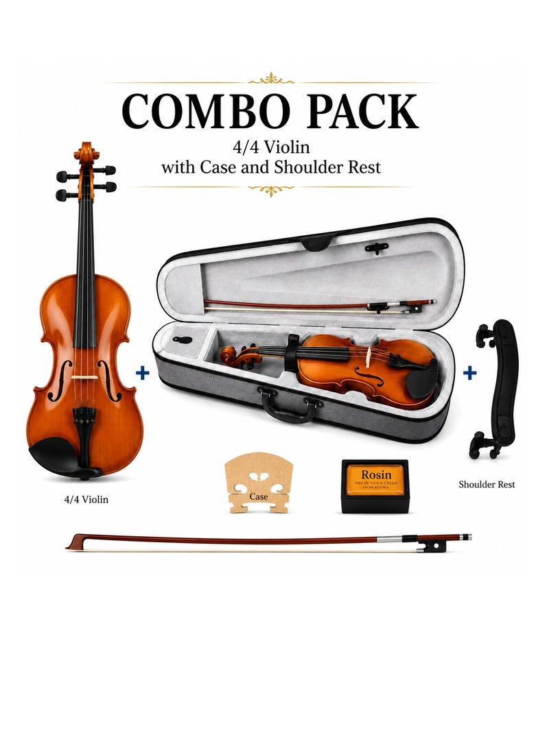 4/4 Full Size Acoustic Violin Complete Starter Kit – Antique Brown Violin with Protective Case, Bow, Rosin & Shoulder Rest | Student Violin for Beginners, Adults & Orchestra Training
