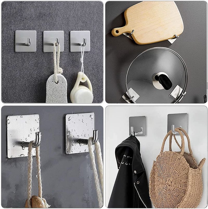 HOLLIO Adhesive Self Silver Hooks Heavy Duty Stick on Wall Hooks Towel Hooks Door Hooks Waterproof Stainless Steel Adhesive Towel Hooks Adhesive Holders for Hanging Clothes Bathroom Small 9 - Image 2