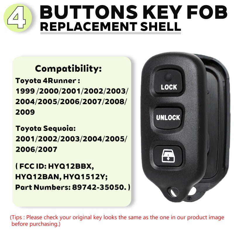 JJCHQ Key Fob Shell Case for Toyota 4Runner 1999 2000 2001 2002 2003 2004 2005 2006 2007 2008 2009/Sequoia 2001-2007 HYQ12BBX HYQ12BAN HYQ1512Y 4 Button Keyless Entry Remote Car Key Pad Cover Replacement - Image 3