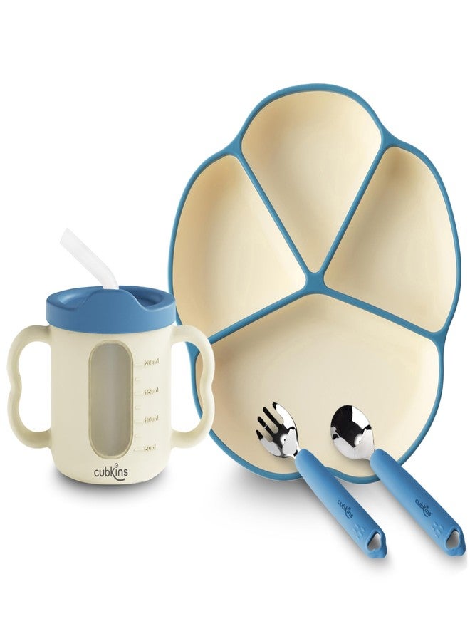 Cubkins Silicone Suction Plate & Sippy Cup with Stainless Steel Spoon & Fork Set of 4 for Feeding Babies | BPA Free, Washable and Reusable Feeding Set for Kids, Toddlers (Blue Olive) - Image 1