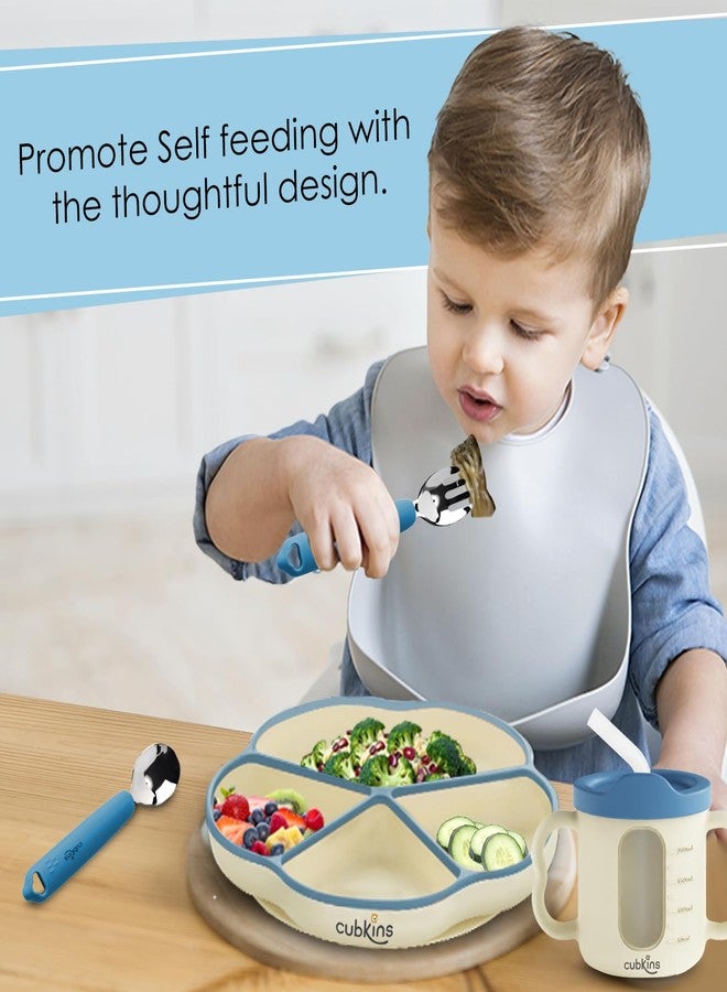 Cubkins Silicone Suction Plate & Sippy Cup with Stainless Steel Spoon & Fork Set of 4 for Feeding Babies | BPA Free, Washable and Reusable Feeding Set for Kids, Toddlers (Blue Olive) - Image 2