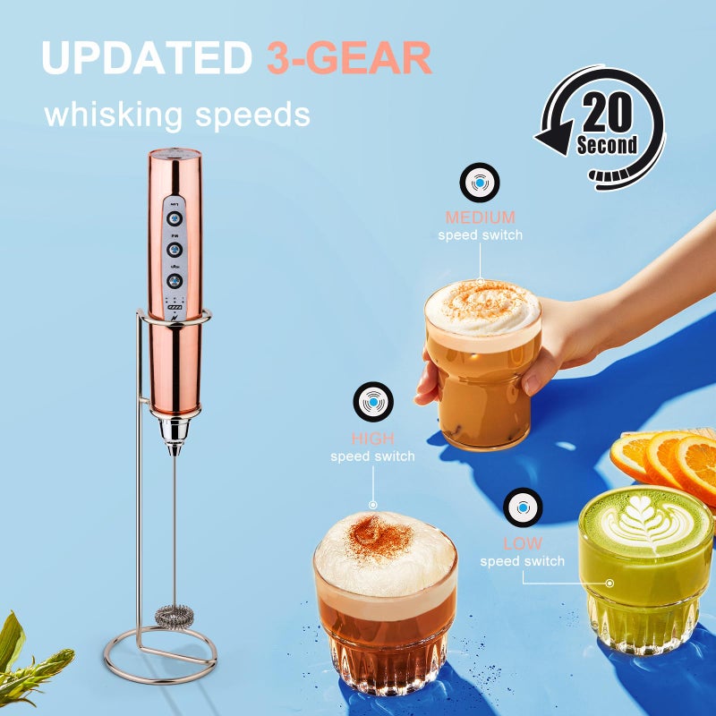 Yuswko Rose Gold Handheld Milk Frother Wand With Stand For Coffee  Rechargeable Electric Whisk With 3 Heads 3 Speeds Drink Mixer Coffee Frother For Latte  Cappuccino  Hot Chocolate  Egg - Image 3