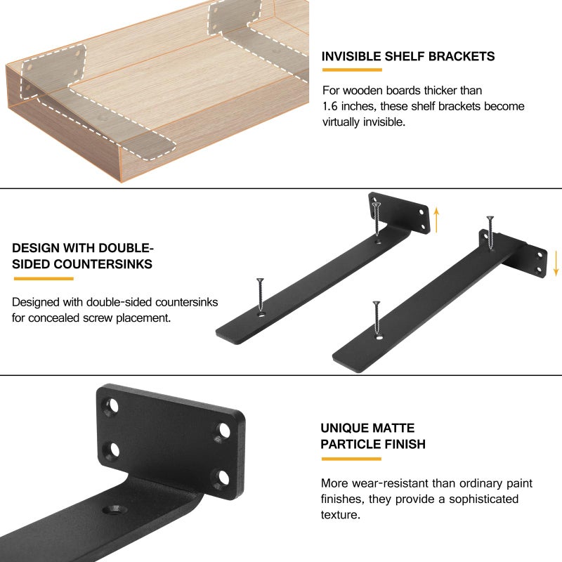 Hitomen Heavy Duty Floating Shelf Brackets  12-Inch (1/5'' Thick) Hidden Shelves Hardware  Cast Iron L Brackets  Rustic Industrial Black Metal Wall Shelving Supports  4 Pack - Image 2