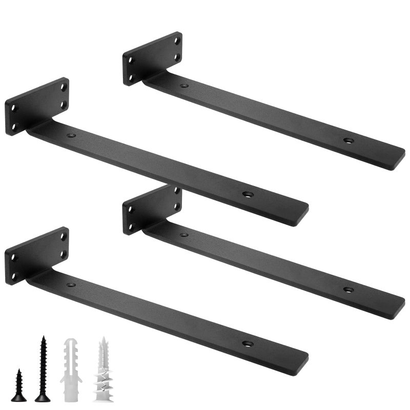 Hitomen Heavy Duty Floating Shelf Brackets  12-Inch (1/5'' Thick) Hidden Shelves Hardware  Cast Iron L Brackets  Rustic Industrial Black Metal Wall Shelving Supports  4 Pack - Image 1