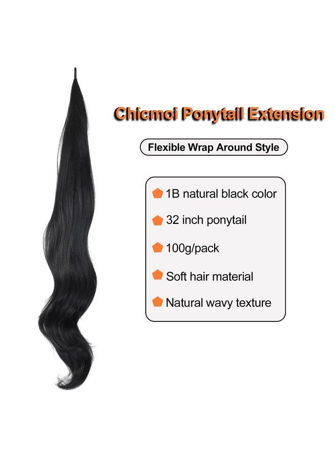Chicmoi Black Ponytail Extainson 32 Inch Flexible Wrap Around Ponytail Hair Extension Long Wavy Pony Tails hair Extension 1B Natural Black Synthetic Hairpieces For Women and Girls - Image 2