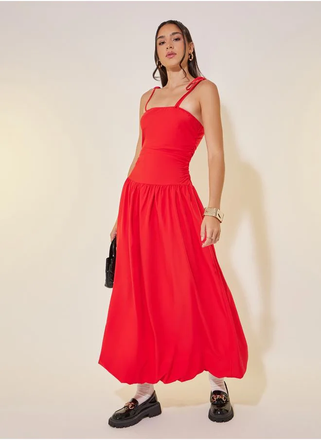 ستايلي Solid Strappy Balloon Hem Midi Dress