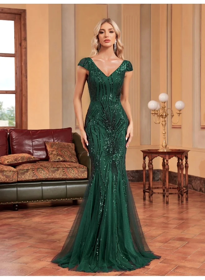 Madam Uniq Dark Green V-Neck Short Sleeve Long Sequin Embroidered Dress - Evening Gown Party Dress