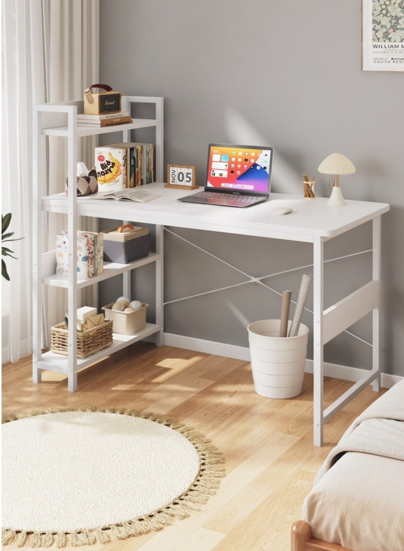 زانوتا مكتب عمل مع رف كتب متعدد الطبقات، مكتب ألعاب ومكتب كمبيوتر بسطح من ألياف الكربون | دعم على شكل X ومساحة عمل كبيرة للمكتب المنزلي (أبيض) - Image 1