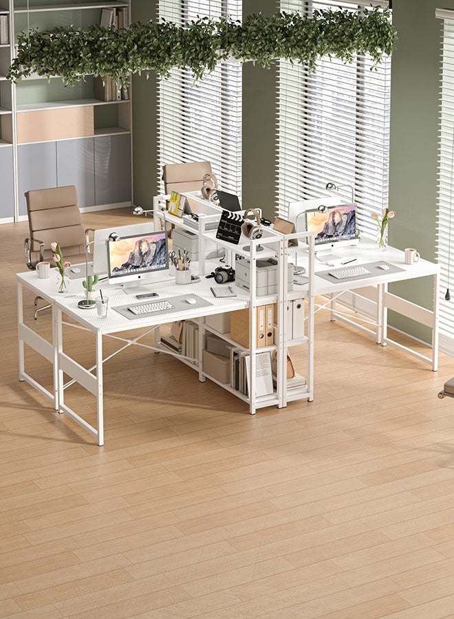 زانوتا مكتب عمل مع رف كتب متعدد الطبقات، مكتب ألعاب ومكتب كمبيوتر بسطح من ألياف الكربون | دعم على شكل X ومساحة عمل كبيرة للمكتب المنزلي (أبيض) - Image 2