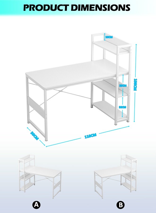 زانوتا مكتب عمل مع رف كتب متعدد الطبقات، مكتب ألعاب ومكتب كمبيوتر بسطح من ألياف الكربون | دعم على شكل X ومساحة عمل كبيرة للمكتب المنزلي (أبيض) - Image 5