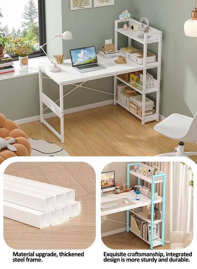 Zanotta Office Table Office Desk with Multi-Tier Bookshelf, Gaming Table Computer Desk with Carbon Fiber Desktop | X-Brace Support & Large Workstation for Home Office (White) - Image 4