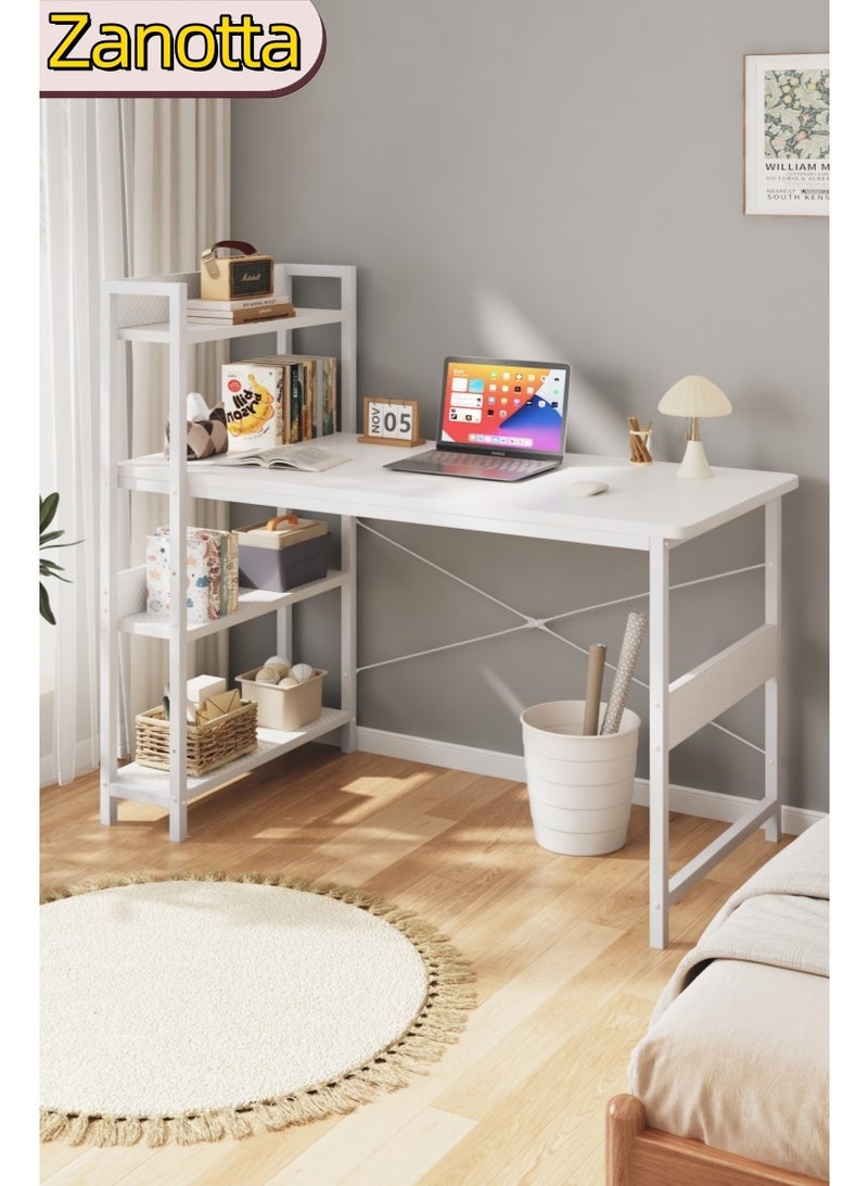 Zanotta Office Table Office Desk with Multi-Tier Bookshelf, Gaming Table Computer Desk with Carbon Fiber Desktop | X-Brace Support & Large Workstation for Home Office (White) - Image 1