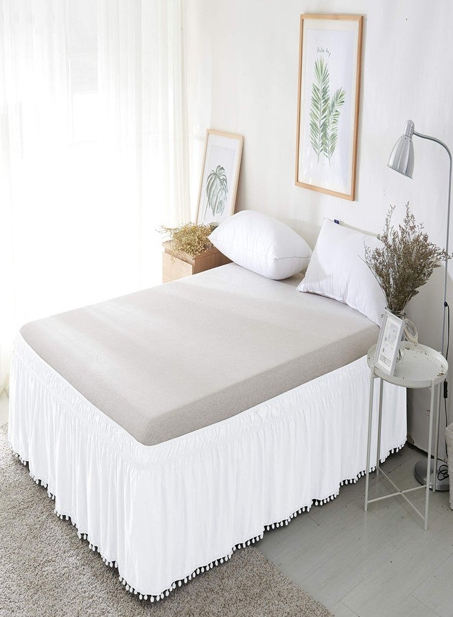 Celine Linen Luxury Top-Knot Tassle Pompom Fringe Ruffle Bed Skirt -Wrap Around Style- Elastic Bed Wrap- Wrinkle Resistant 16inch Drop, Queen/King, White - Image 3