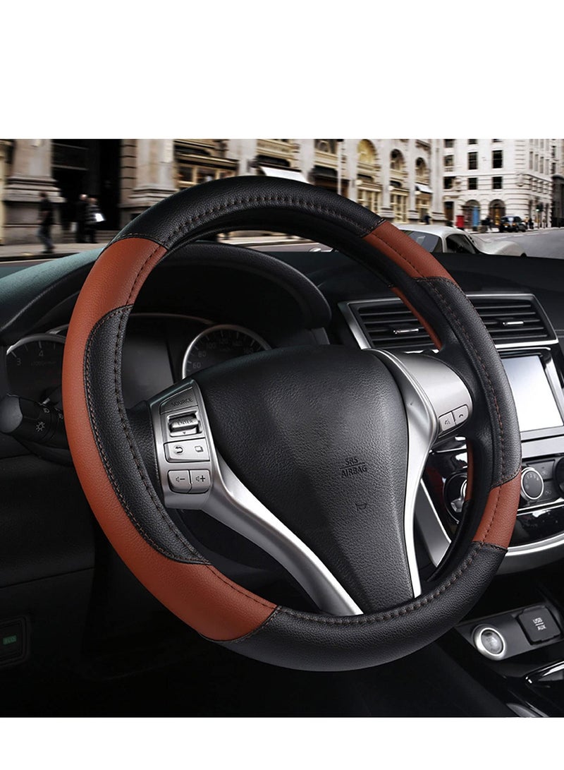 PU Leather Steering Wheel Cover Anti-Slip Car Steering Wheel Protector Breathable Sweat Absorbent Sport for Diameter 38cm 15 Inch (Black/Brown) - Image 1