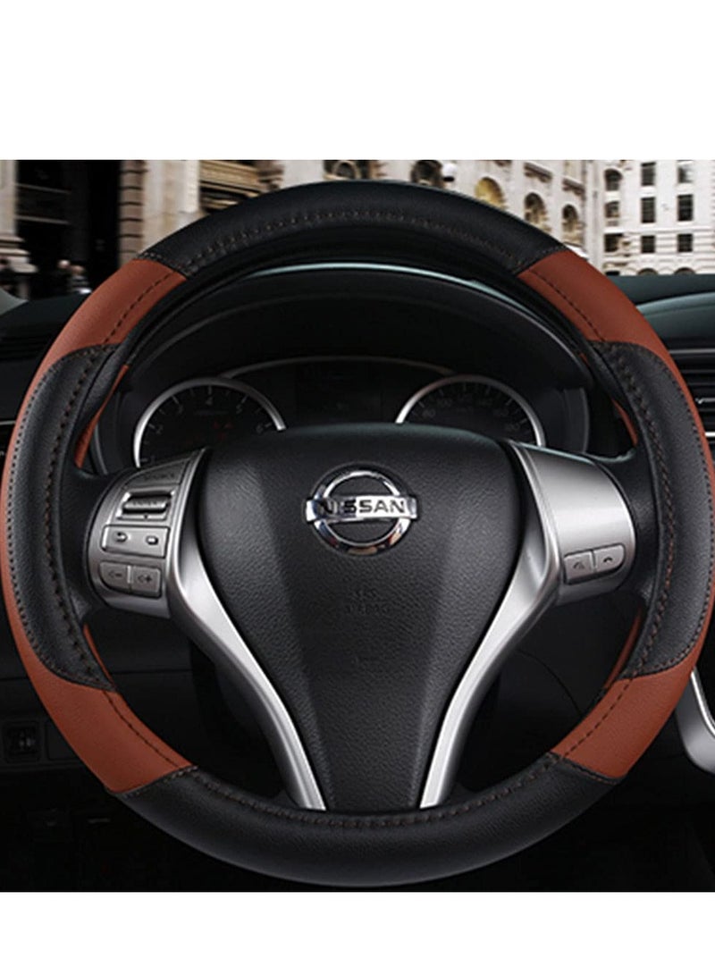 PU Leather Steering Wheel Cover Anti-Slip Car Steering Wheel Protector Breathable Sweat Absorbent Sport for Diameter 38cm 15 Inch (Black/Brown) - Image 4