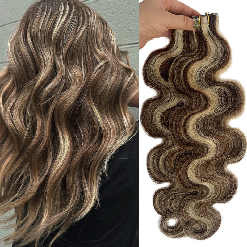 20 Long Tape in Hair Extensions Medium Brown to Bleach Blonde Lowlights 50grams 20pcs Skin Weft Heat Resistant Straight Real Human Hair Tape Balayage Extensions
