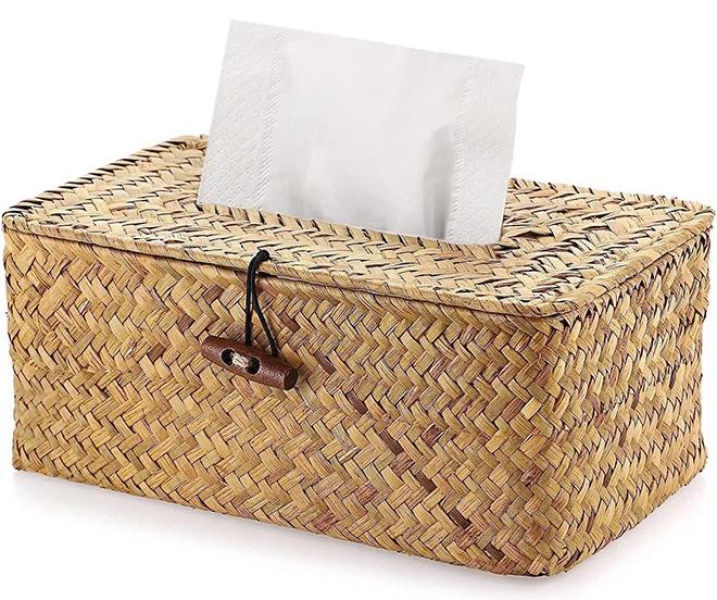 RECTANGULAR WOVEN TISSUE BOX COVER, DECORATIVE SEAGRASS WICKER TISSUE BOX HOLDER, RUSTIC FACIAL TISSUE HOLDER, FOR BATHROOM VANITY TOILET DRESSER TABLE COUNTERTOP OFFICE CAR.