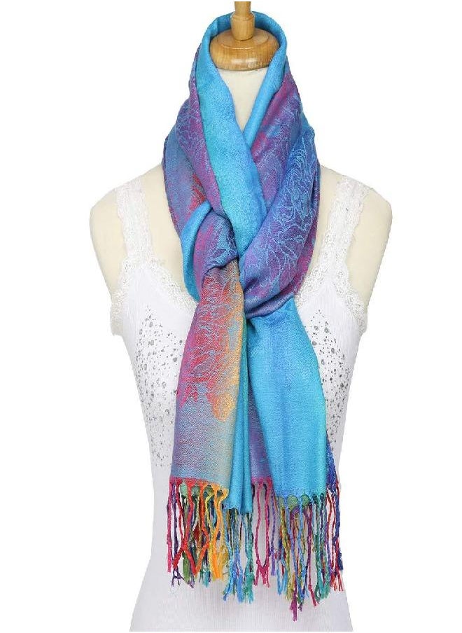 Neelamvar - Neelamvar Fashion Colorful flowers Jacquard cotton pashmina Women Wrap Shawl tassels Scarves 75" x 27.5" (THM08-02) - Image 1