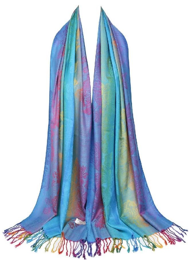Neelamvar - Neelamvar Fashion Colorful flowers Jacquard cotton pashmina Women Wrap Shawl tassels Scarves 75" x 27.5" (THM08-02) - Image 1