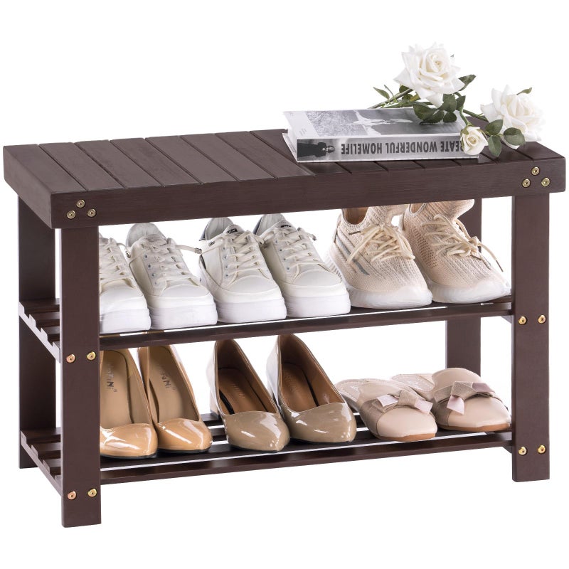 Apicizon Bamboo Shoe Rack for Entryway 3Tier Shoe Rack Bench for Front Indoor Entrance Small Shoe Organizer with Storage Dark Brown