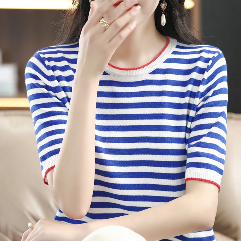 Striped Knitted T-Shirt Short Sleeved Fashion Loose Thin College Wind Thin Thermo - Image 4