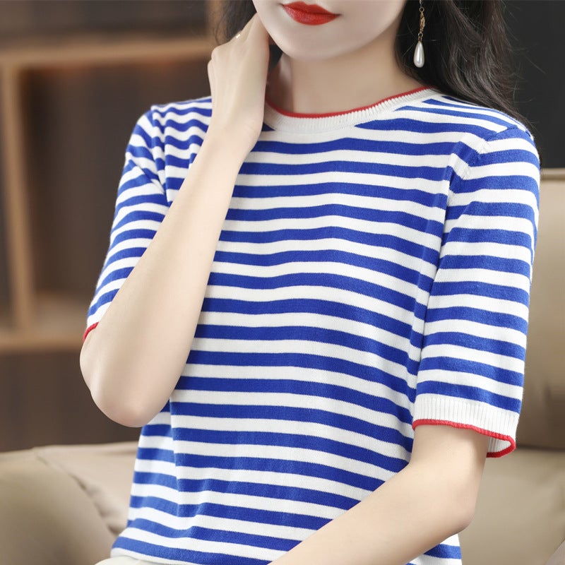 Striped Knitted T-Shirt Short Sleeved Fashion Loose Thin College Wind Thin Thermo - Image 5