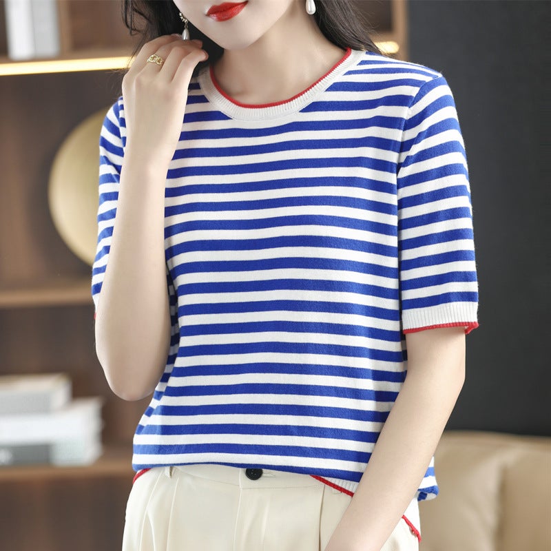 Striped Knitted T-Shirt Short Sleeved Fashion Loose Thin College Wind Thin Thermo - Image 2