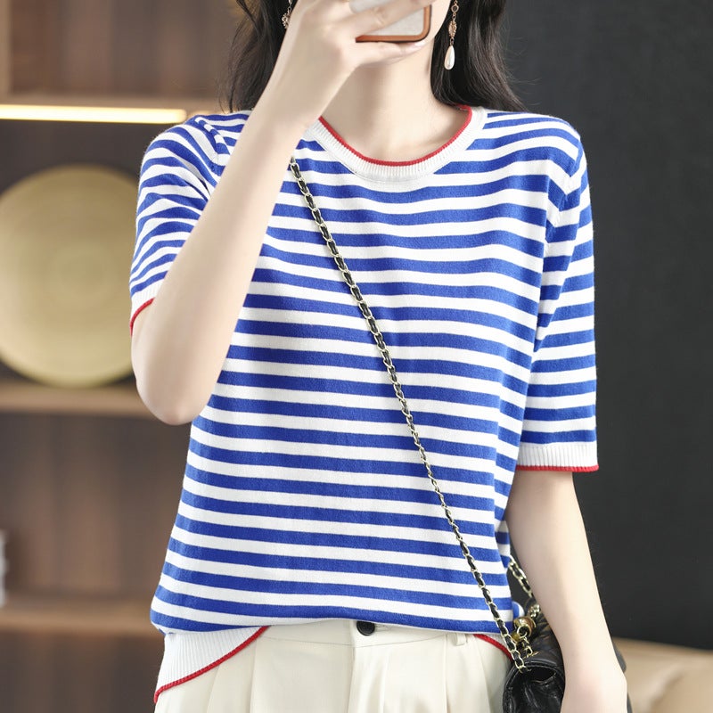 Striped Knitted T-Shirt Short Sleeved Fashion Loose Thin College Wind Thin Thermo - Image 3