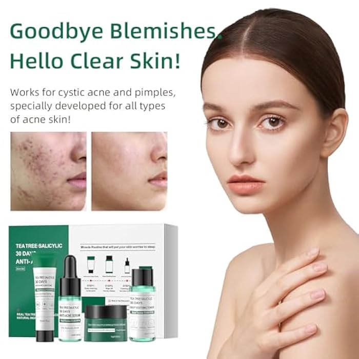 YAFUSIPE Christmas Gifts Tea Tree Salicylic Acid Facial Skin Care Set, Travel Size Set Cystic Hormonal Acne Treatment Face Wash Cleanser, Facial Toner Cream Moisturizer Travel Essentials for Pimple - Image 2
