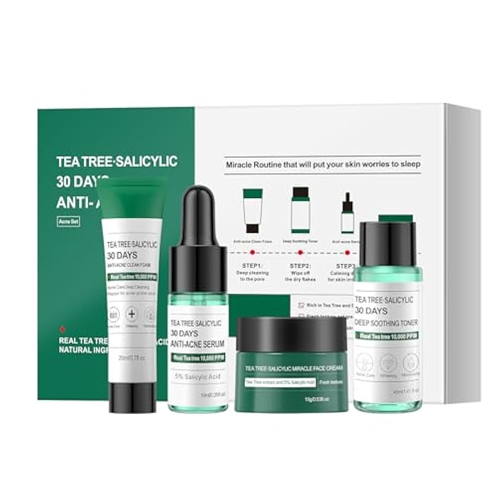 YAFUSIPE Christmas Gifts Tea Tree Salicylic Acid Facial Skin Care Set, Travel Size Set Cystic Hormonal Acne Treatment Face Wash Cleanser, Facial Toner Cream Moisturizer Travel Essentials for Pimple - Image 1