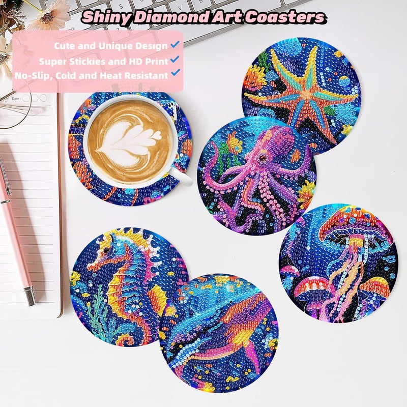 Ekuxom 6 Pcs Diamond Art Coasters Kits, DIY Ocean Diamond Painting Coasters with Holder Cork Pads, Non Slip Coaster Crafts Kits for Adults Beginners Gifts - Image 4