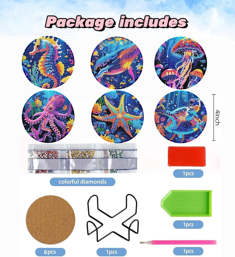Ekuxom 6 Pcs Diamond Art Coasters Kits, DIY Ocean Diamond Painting Coasters with Holder Cork Pads, Non Slip Coaster Crafts Kits for Adults Beginners Gifts - Image 3