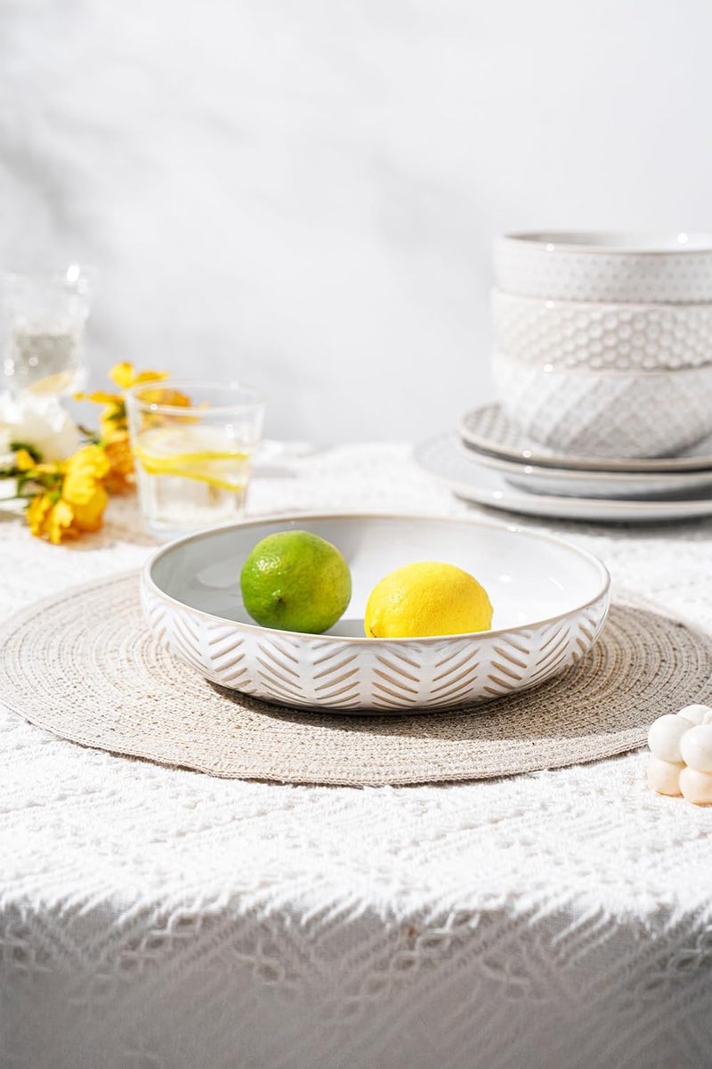 FOBENTA Embossed Ceramic Pasta Bowls Set of 4 – Medium 7.5-Inch, 26oz Serving Bowls for Pasta, Salad, Fruit – Stackable, Microwave & Dishwasher Safe – Great Gift for Housewarming or Everyday Use - Image 5