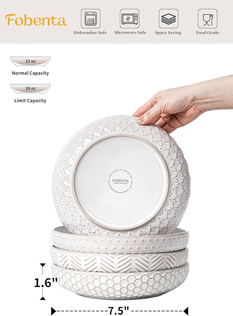 FOBENTA Embossed Ceramic Pasta Bowls Set of 4 – Medium 7.5-Inch, 26oz Serving Bowls for Pasta, Salad, Fruit – Stackable, Microwave & Dishwasher Safe – Great Gift for Housewarming or Everyday Use - Image 2