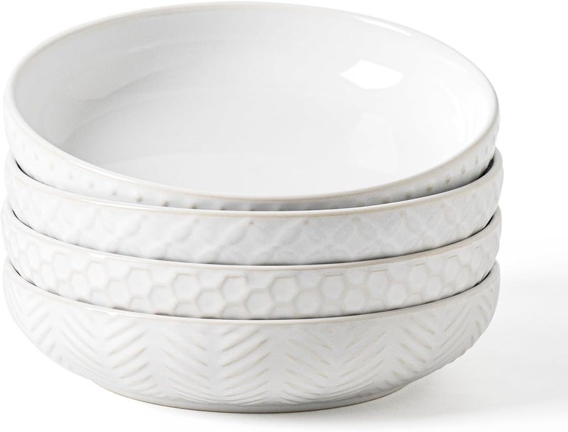 FOBENTA Embossed Ceramic Pasta Bowls Set of 4 – Medium 7.5-Inch, 26oz Serving Bowls for Pasta, Salad, Fruit – Stackable, Microwave & Dishwasher Safe – Great Gift for Housewarming or Everyday Use - Image 1