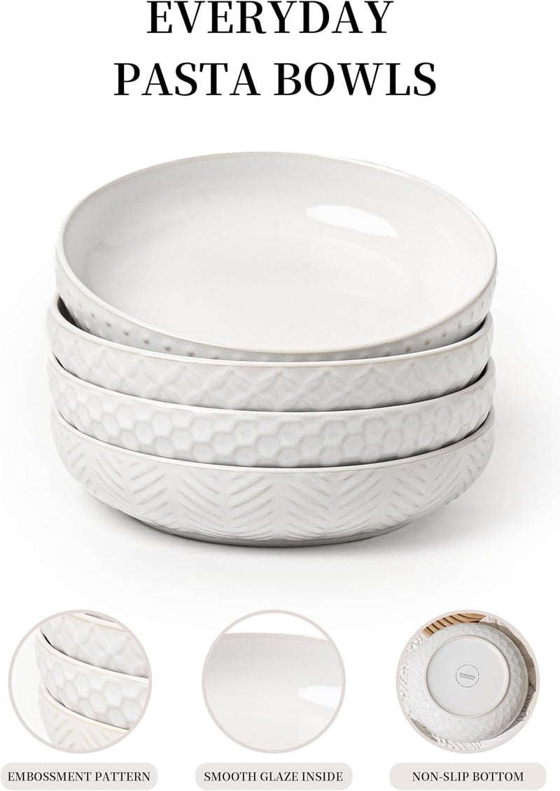FOBENTA Embossed Ceramic Pasta Bowls Set of 4 – Medium 7.5-Inch, 26oz Serving Bowls for Pasta, Salad, Fruit – Stackable, Microwave & Dishwasher Safe – Great Gift for Housewarming or Everyday Use - Image 3