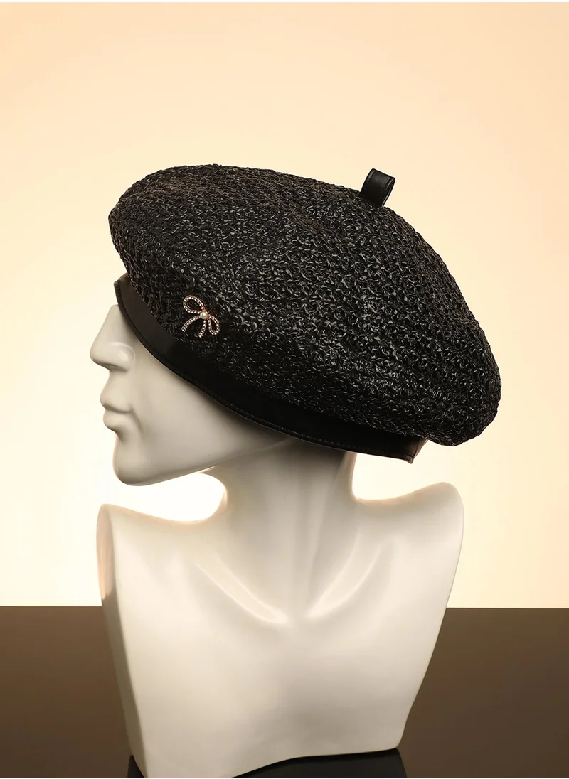 Haute Sauce Bow Woven Beret Hat - Midnight Black