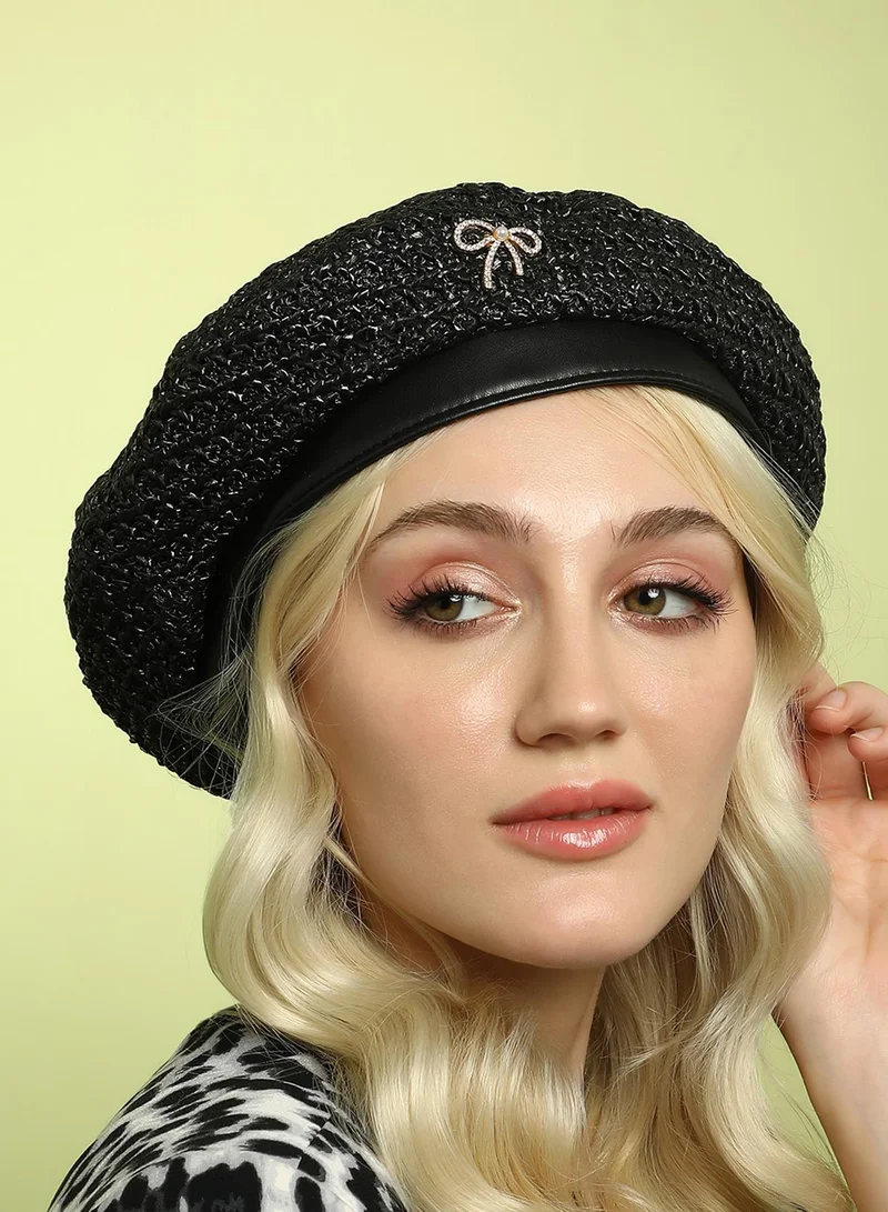 Haute Sauce Bow Woven Beret Hat - Midnight Black