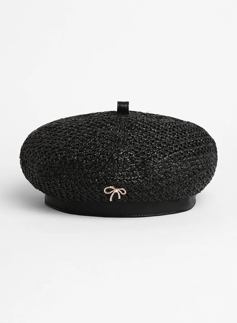 Haute Sauce Bow Woven Beret Hat - Midnight Black
