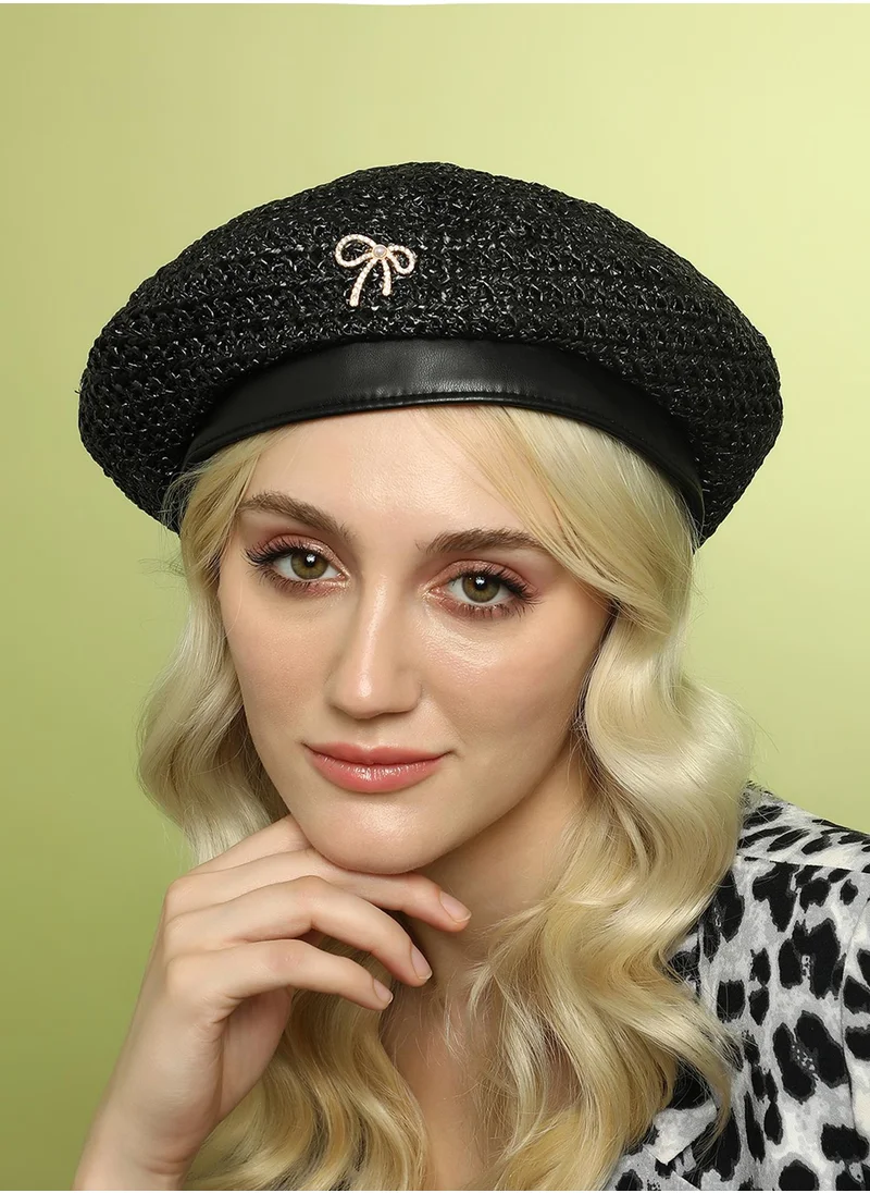 Haute Sauce Bow Woven Beret Hat - Midnight Black