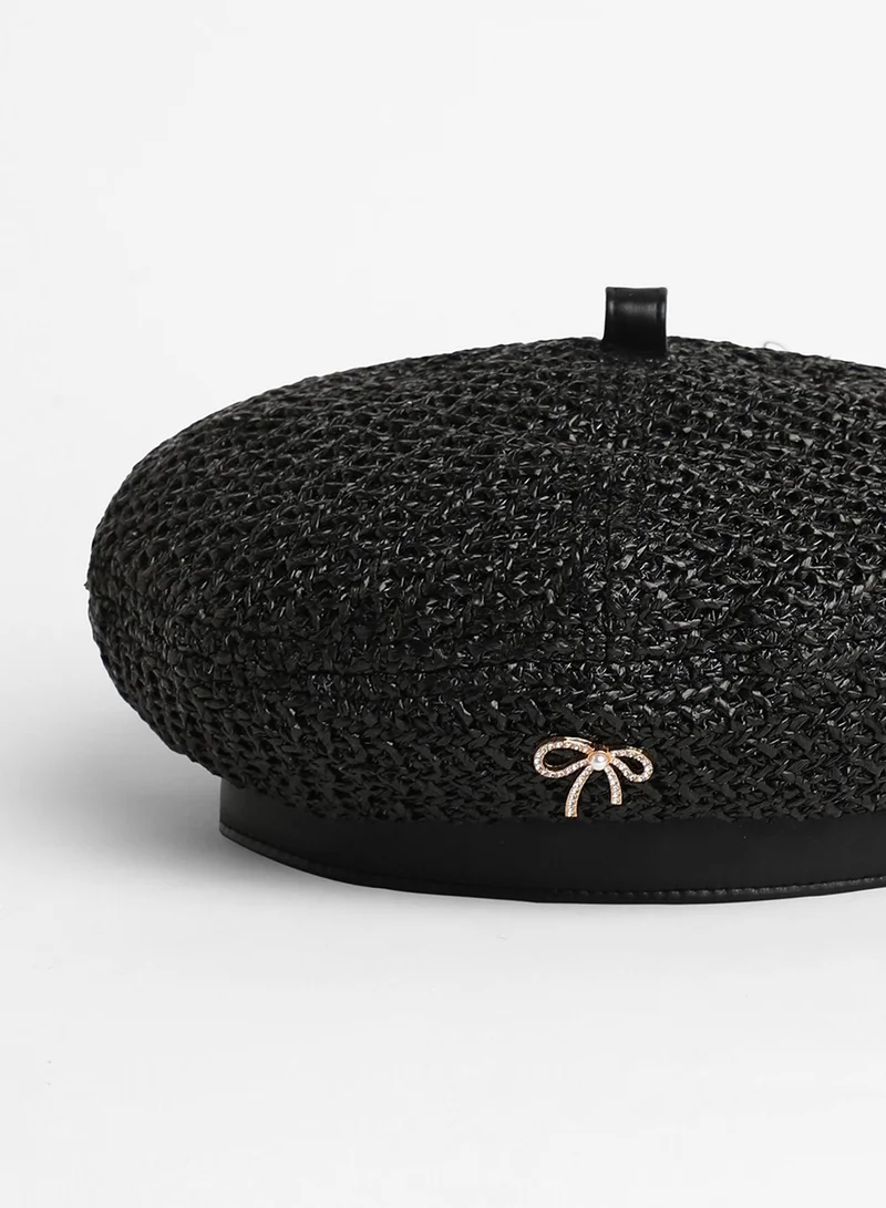 Haute Sauce Bow Woven Beret Hat - Midnight Black