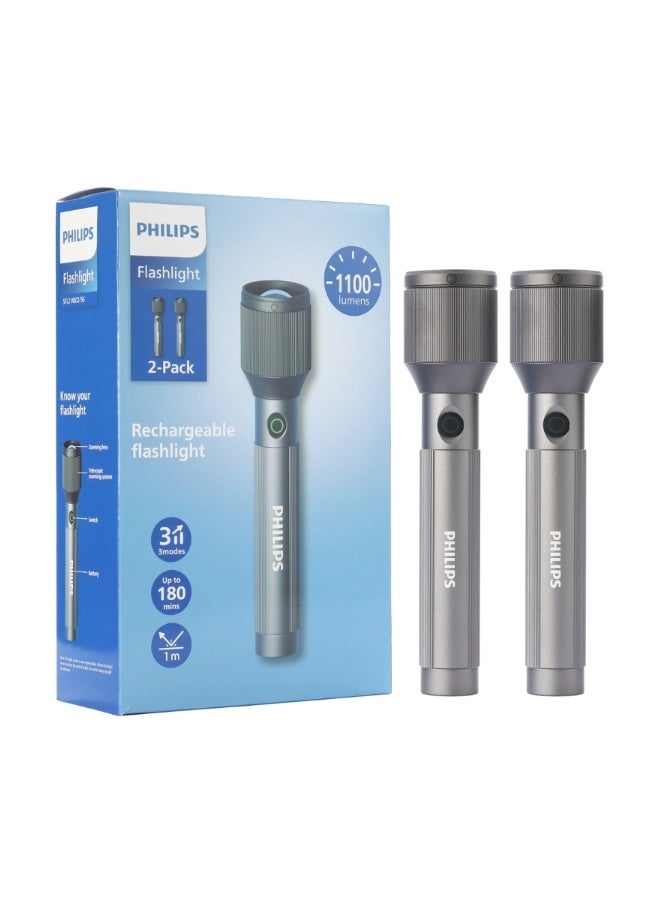 PHILIPS Aircraft Aluminium Alloy 25cms Zoom LED Rechargeable Flashlight – 1100Lumens, 950m Range, 3000mAh SFL2143C2/56 ( PACK OF 2 ) grey 50*32*225mm