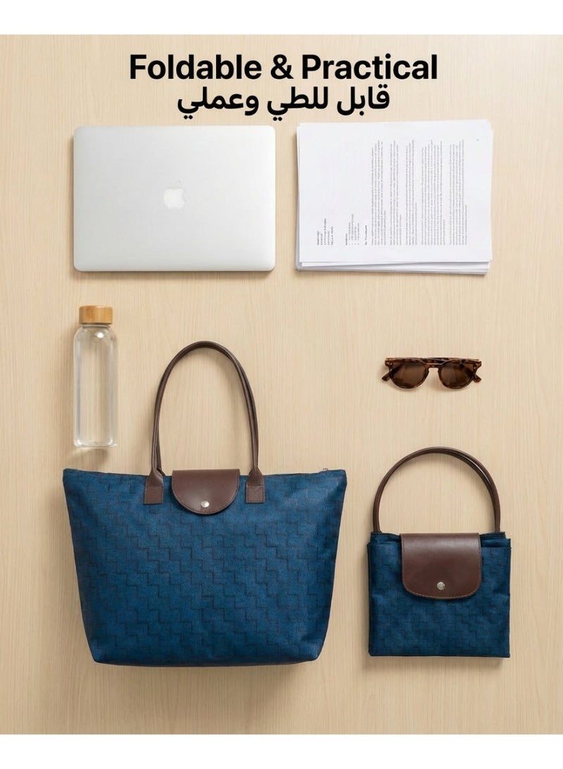 شنطة توت نسائية واسعة وقابلة للطي - حقيبة يد (سعة كبيرة ولا تأخذ مساحة) - حقيبة كتف أكسفورد عملية للسفر والجامعة - كحلي (32x12x45 سم) - Image 1