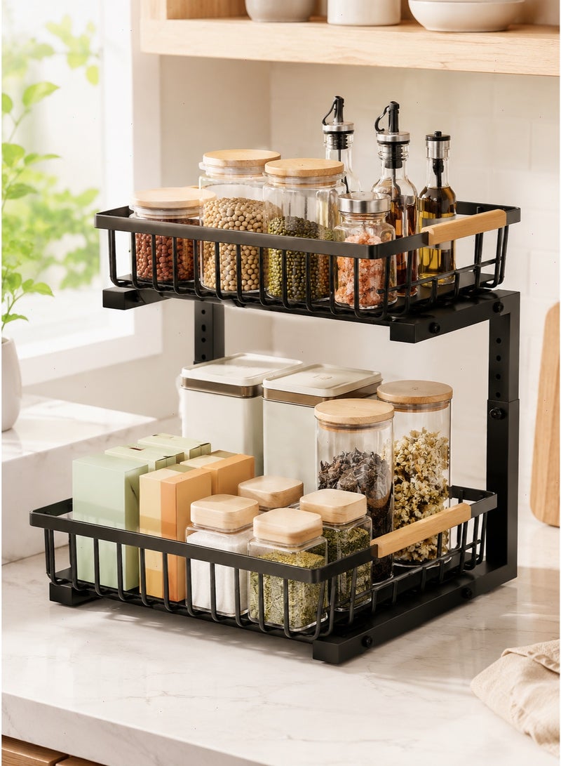 Spice Rack Organizer, 2-Tier Adjustable Carbon Steel Storage Rack, Space Saving Shelf for Kitchen Countertop, Pantry Condiment and Seasoning Arrangement - Image 1