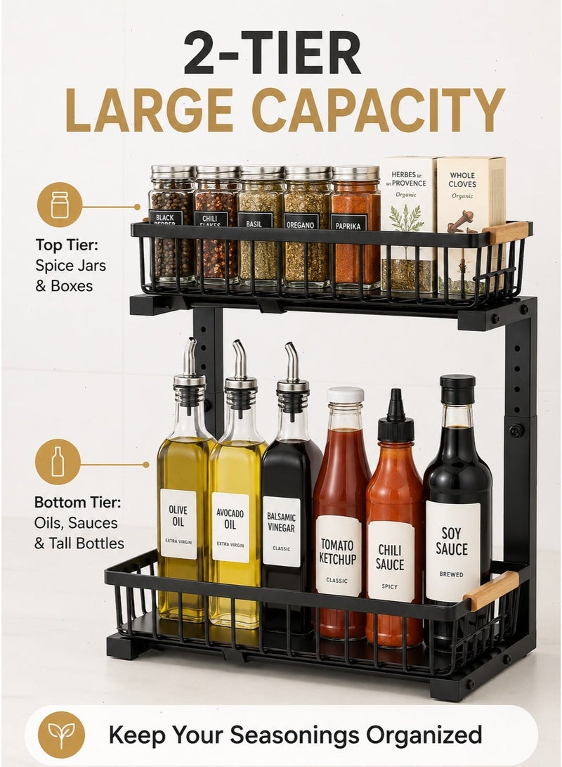 Spice Rack Organizer, 2-Tier Adjustable Carbon Steel Storage Rack, Space Saving Shelf for Kitchen Countertop, Pantry Condiment and Seasoning Arrangement - Image 5