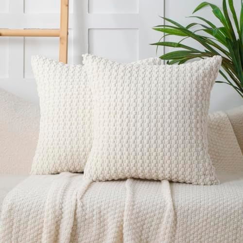WOKANI Corduroy Cream White Throw Pillow Covers 18x18 Set of 2, Decorative Soft Boho Striped Decoration Pillowcases Modern Farmhouse Home Decor for Sofa Living Room Couch Bed - Image 1