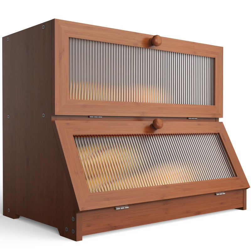 LOHASOK Double Layer Bamboo Bread Box for Kitchen CounterLarge Capacity Bread Storage Container Farmhouse Bread Box with Window Bread Holder Brown