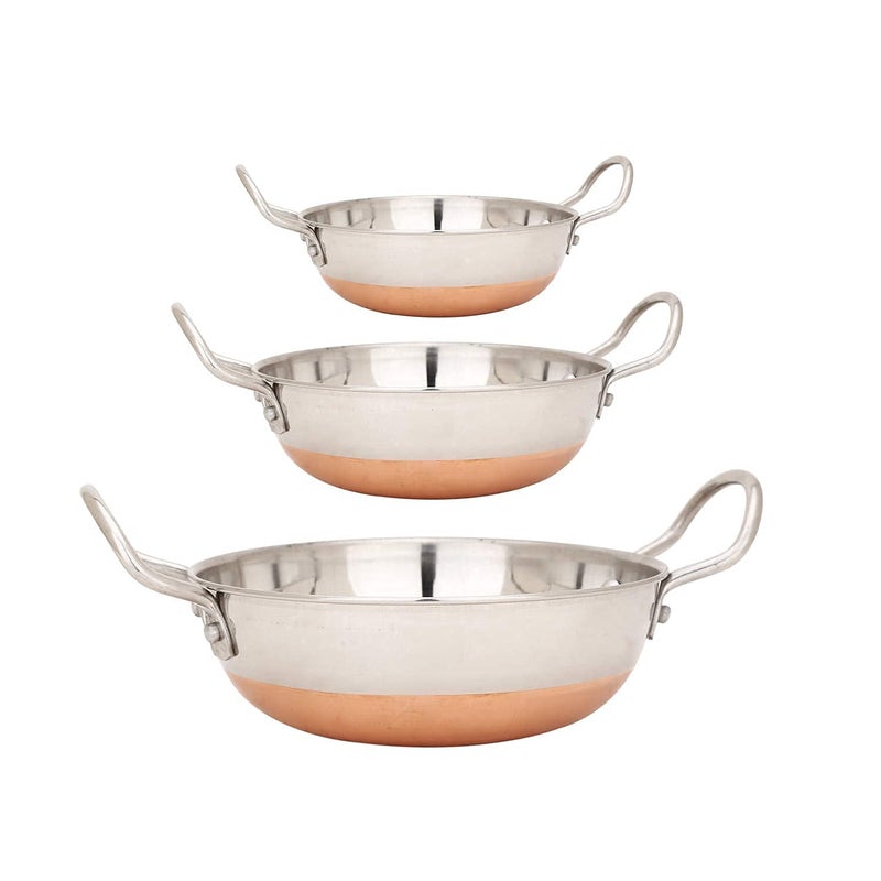 RJ kitchenware Store Stainless Steel Copper Bottom Kadhai Kadai for CookingServing1000 ML 1500 ML 2000 ML Set of 3 Pot Pans for Frying - Image 1