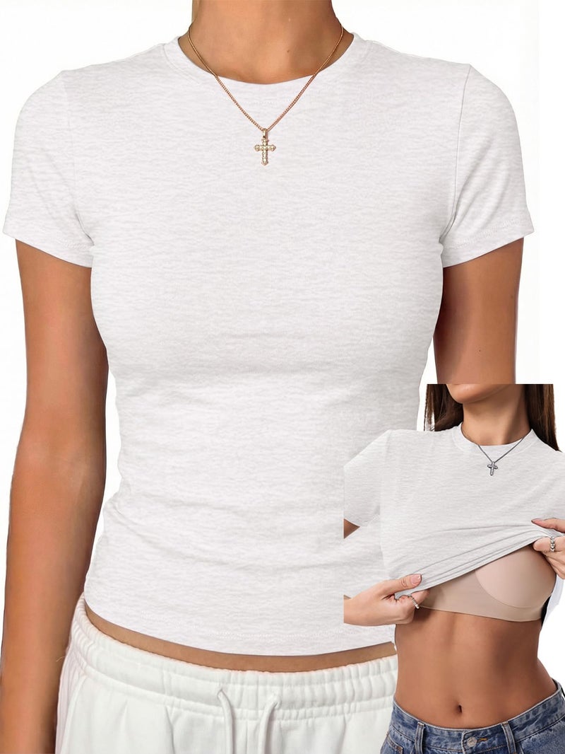 Danysu Basic Tops for Women with Built in Bra Cotton Jersey Short Sleeve T-Shirts Slim Fit Cute Gym Summer Clothes Light Grey Medium - Image 1